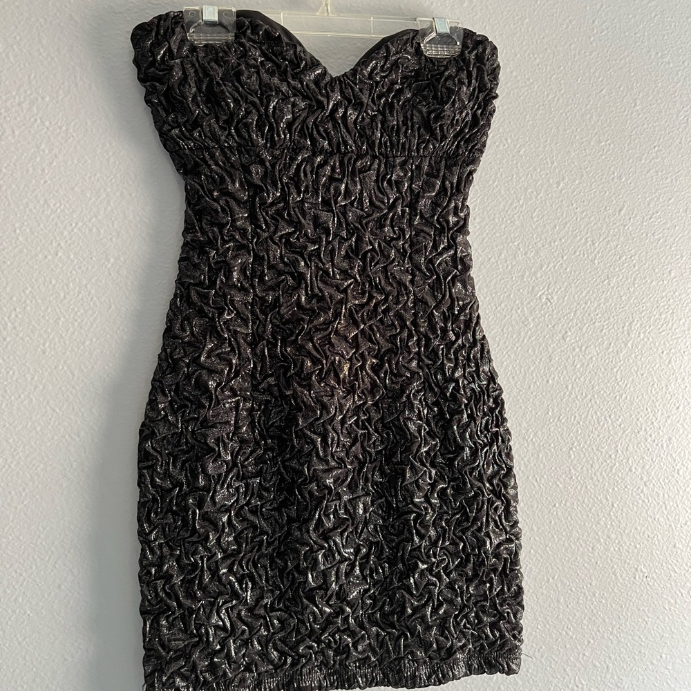 Black metallic strapless dress